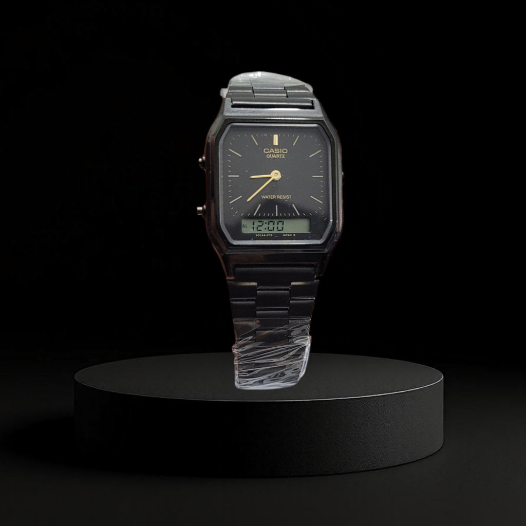 Reloj Casio AQ-230 Vintage para Hombre - Acero Negro con Detalles Dorados