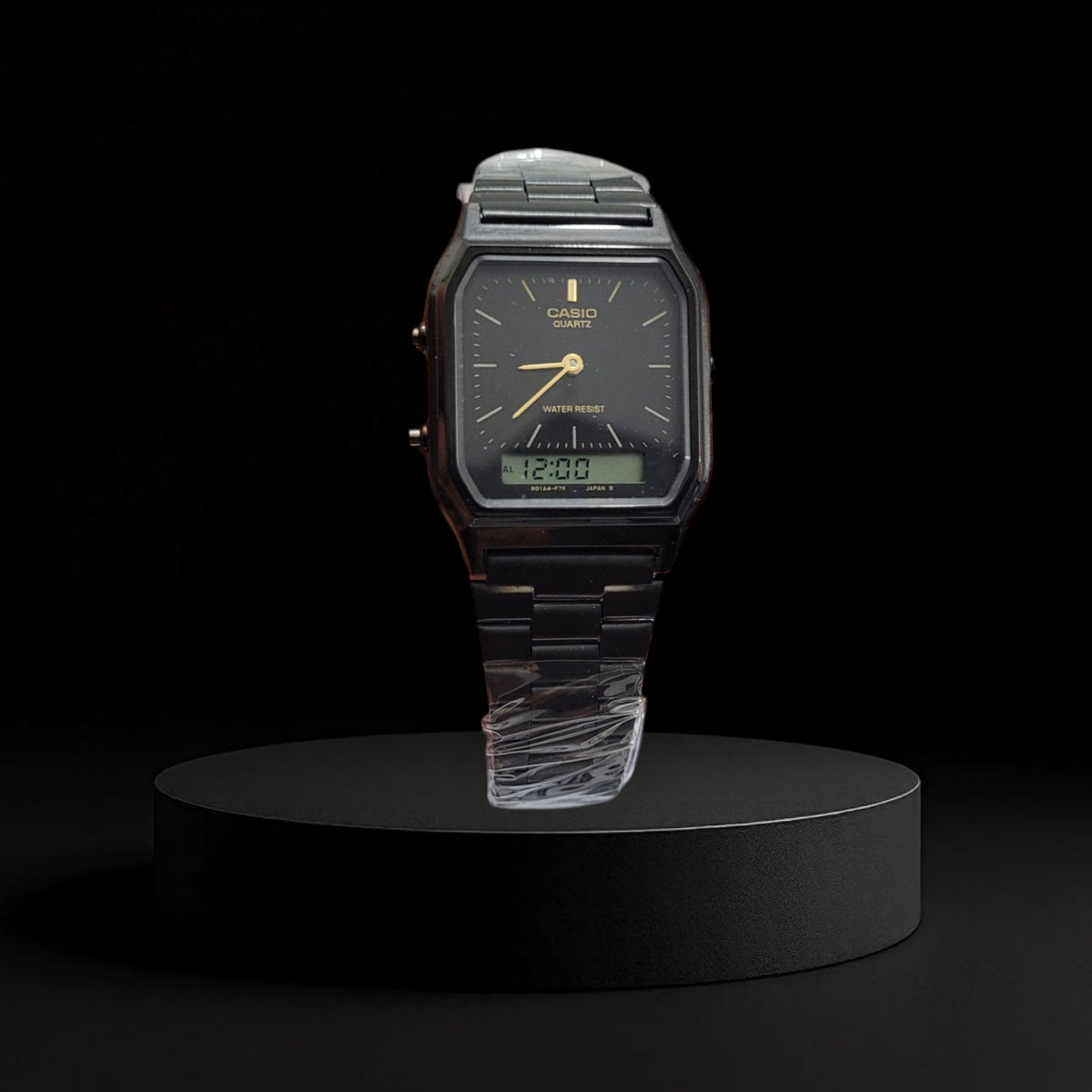 Reloj Casio AQ-230 Vintage para Hombre - Acero Negro con Detalles Dorados