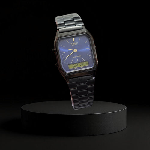 Reloj Casio AQ-230 Vintage - Acero Negro y Esfera Azul Profundo