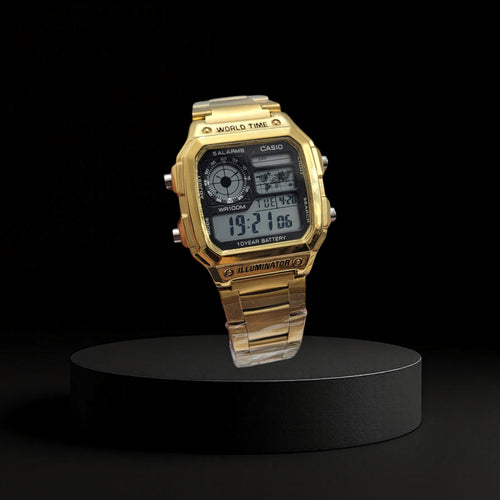 Reloj Casio AE-1200 "World Time" para Hombre - Acero Dorado Retro