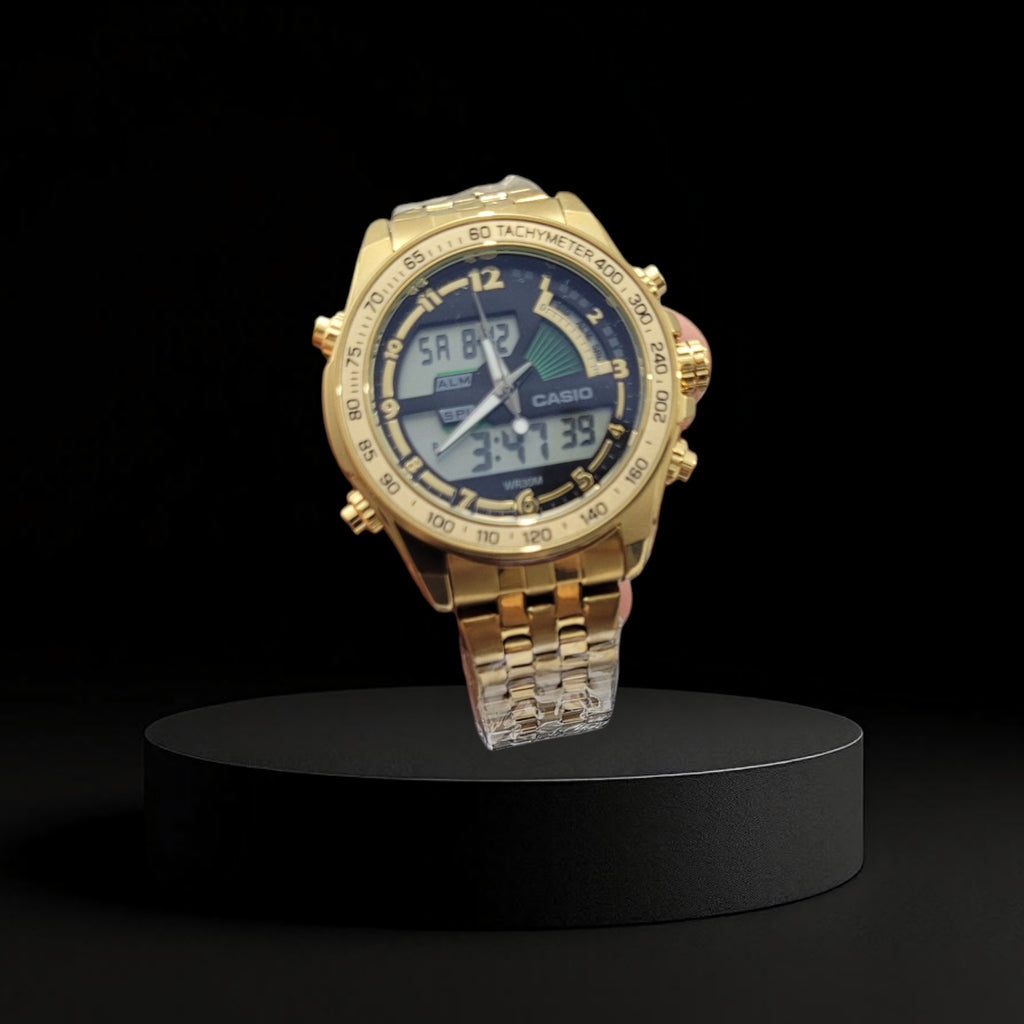 Reloj Casio Doble hora para Hombre - Acero Dorado con Taquímetro