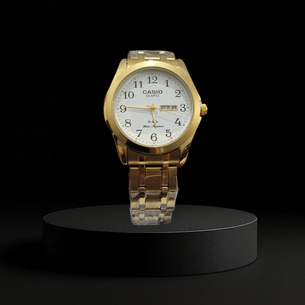 Reloj Casio Dorado con Esfera Blanca y Doble Fechador