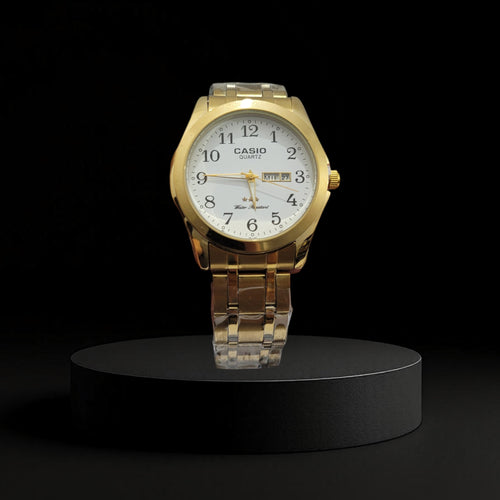 Reloj Casio Dorado con Esfera Blanca y Doble Fechador