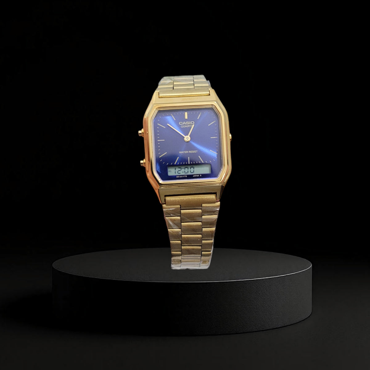 Reloj Casio Vintage AQ-230 Clásico - Dorado con Carátula Azul