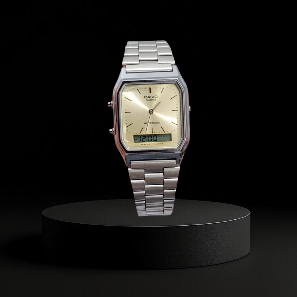 Reloj Casio Vintage AQ-230 Clásico - Plateado con Carátula Champaña