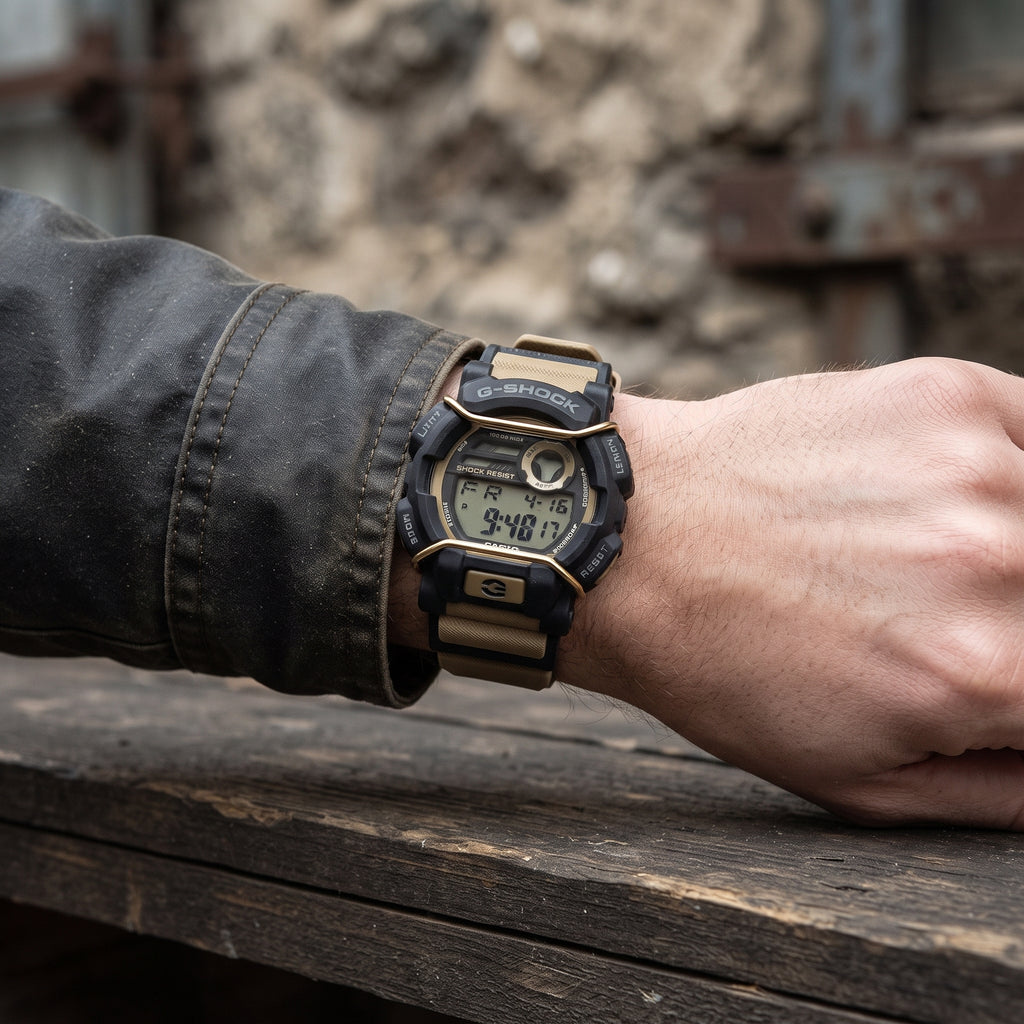 Reloj Casio G-Shock Táctico Arena y Negro con Protector de Alambre - Estilo Robusto y Militar