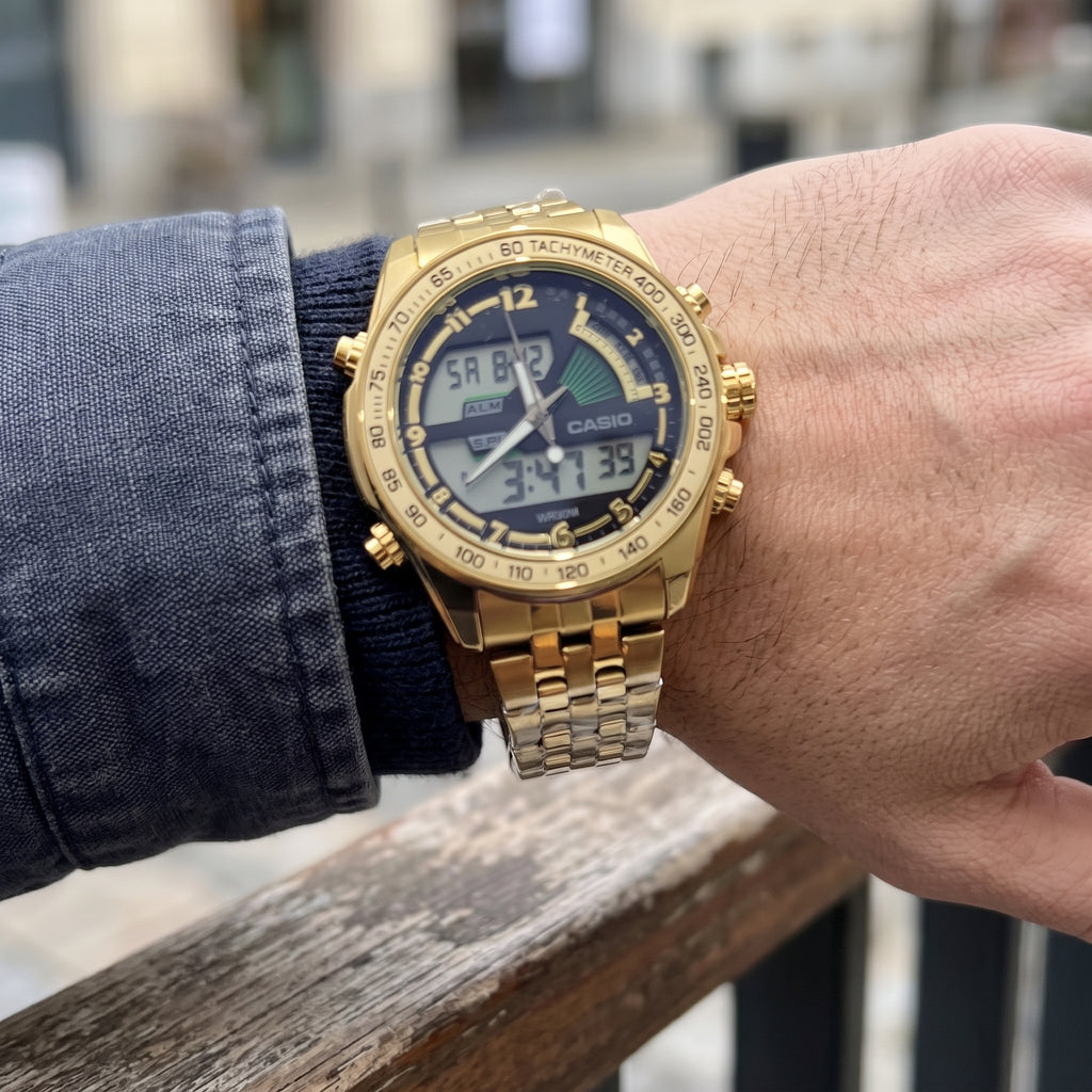 Reloj Casio Doble hora para Hombre - Acero Dorado con Taquímetro