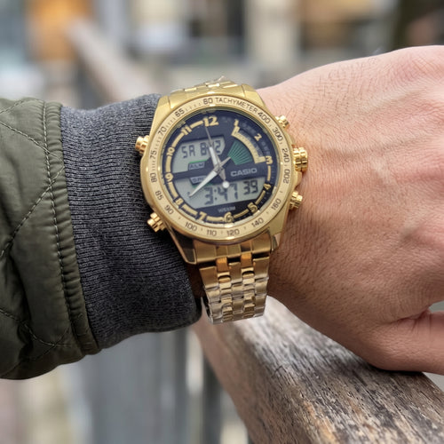 Reloj Casio Doble hora para Hombre - Acero Dorado con Taquímetro