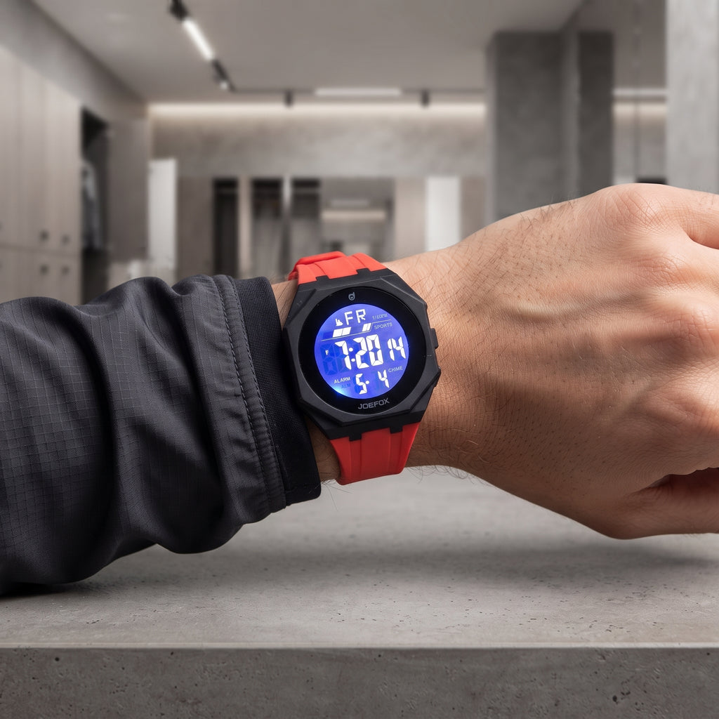 Reloj Deportivo Digital Joefox Negro y Rojo - Diseño Octagonal Moderno