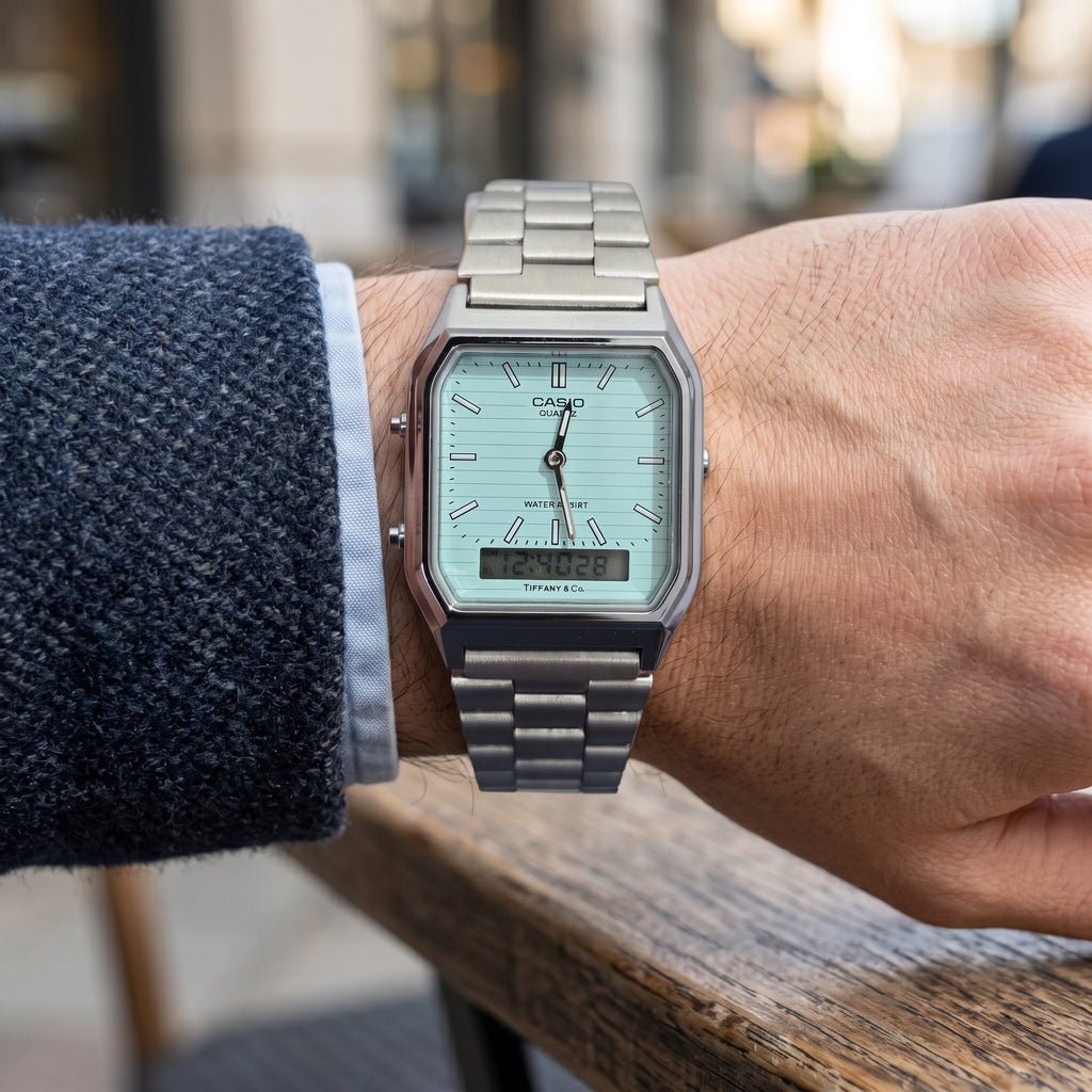 Reloj Casio Retro "Tiffany Blue" - Acero Plateado, Dual Análogo y Digital