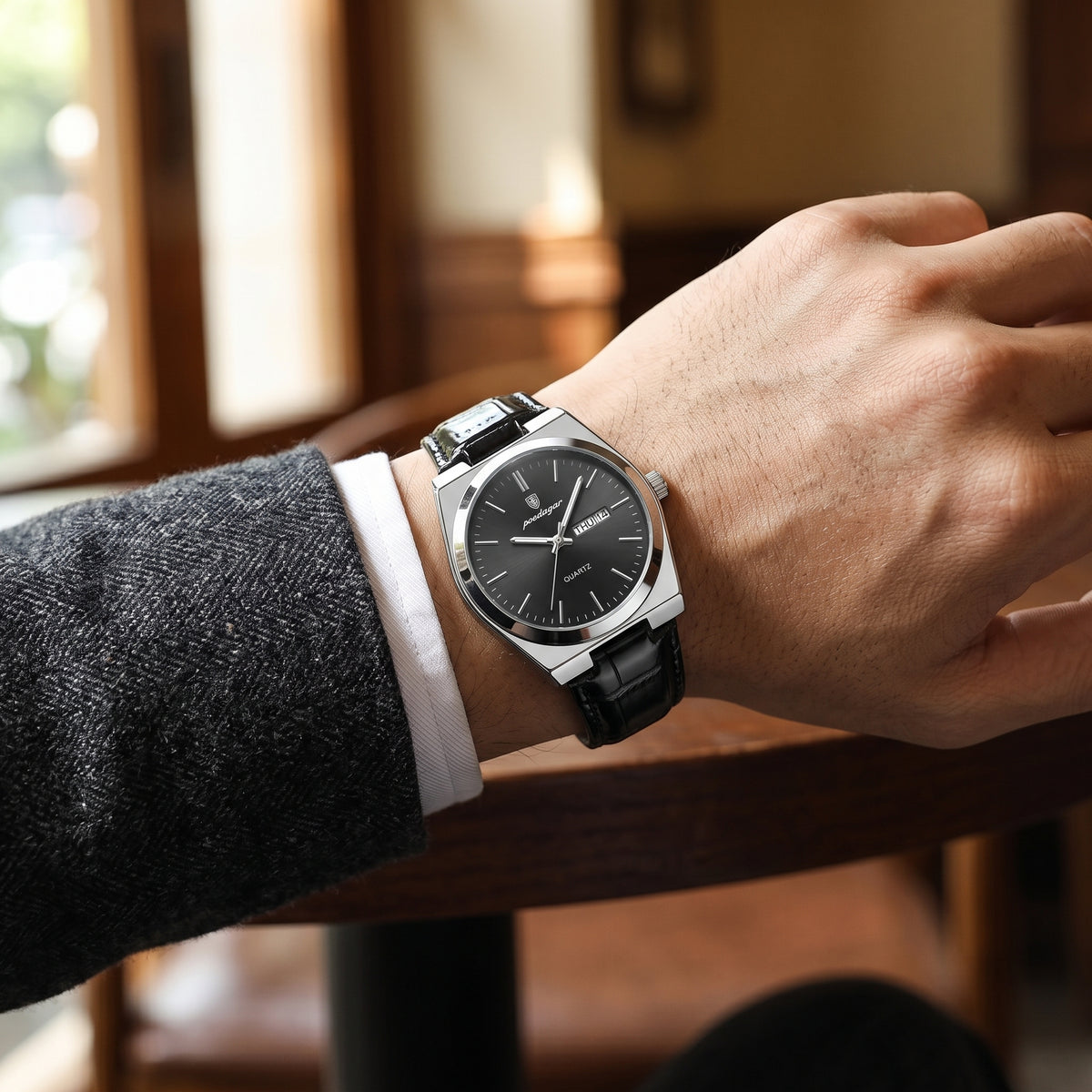 Reloj Poedagar Elegance - Esfera Negra y Cuero Texturizado