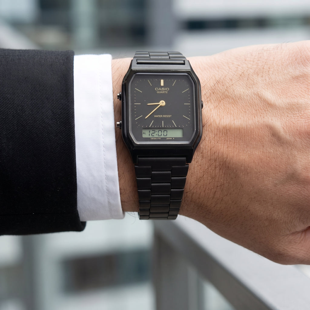Reloj Casio AQ-230 Vintage para Hombre - Acero Negro con Detalles Dorados