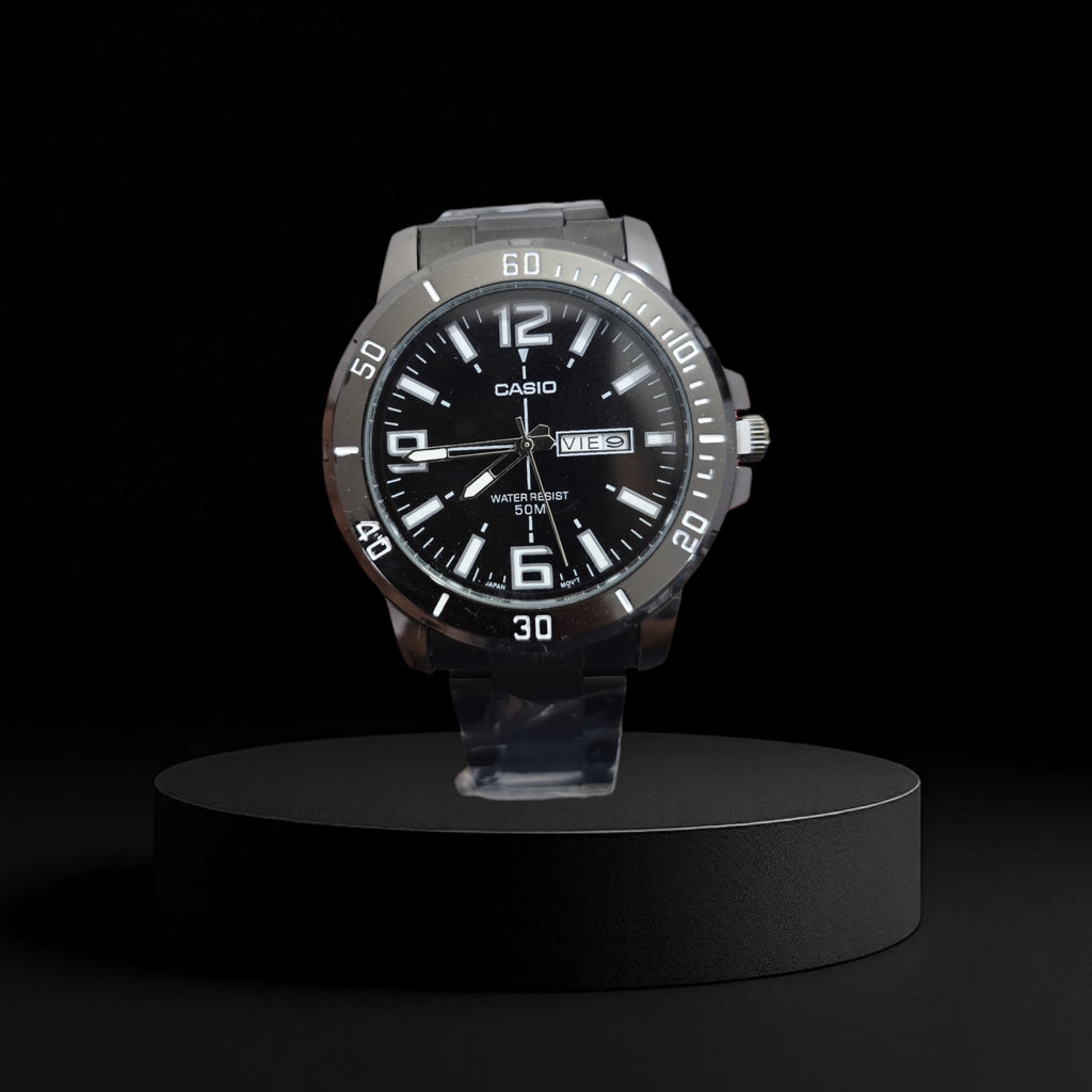 Reloj Casio MTP-VD01 para Hombre - Acero Inoxidable, Esfera Negra (Día y Fecha)